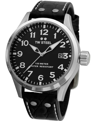 Angle shot of TW Steel VS100 Black Leather Unisex Watch on white background