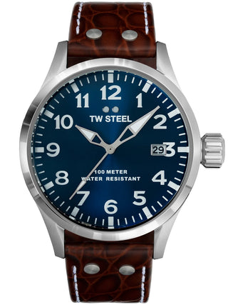 Angle shot of TW Steel VS101 Blue Dial Brown Leather Unisex Watch on white background