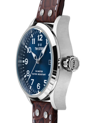 Angle shot of TW Steel VS101 Blue Dial Brown Leather Unisex Watch on white background