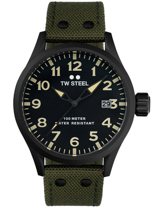 Angle shot of TW Steel VS102 Black Dial Green Textile Unisex Watch on white background