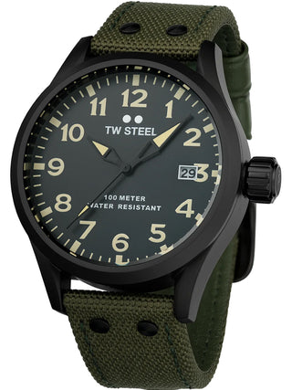 Angle shot of TW Steel VS102 Black Dial Green Textile Unisex Watch on white background