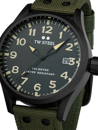 Front view of TW Steel VS102 Black Dial Green Textile Unisex Watch on white background