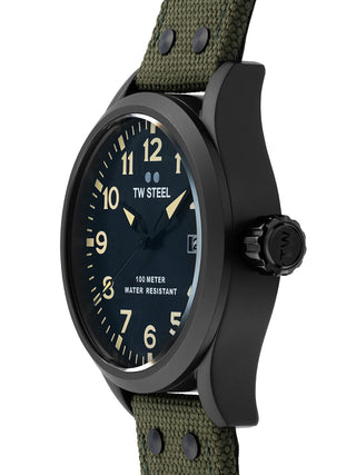 Angle shot of TW Steel VS102 Black Dial Green Textile Unisex Watch on white background