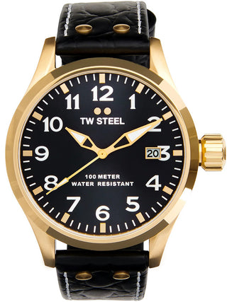 Angle shot of TW Steel VS104 Black Leather Unisex Watch on white background