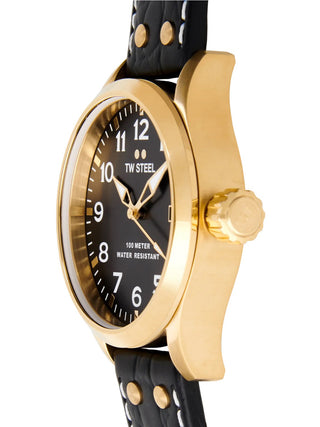 Angle shot of TW Steel VS104 Black Leather Unisex Watch on white background