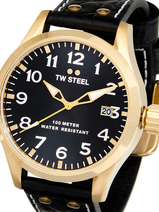 Front view of TW Steel VS104 Black Leather Unisex Watch on white background