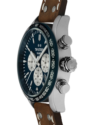 Angle shot of TW Steel Chronograph VS121 Blue Dial Brown Leather Unisex Watch on white background
