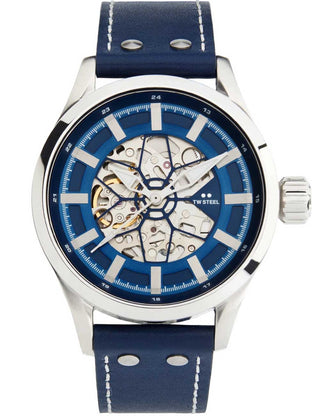 Angle shot of TW Steel VS132 Blue Dial Black Leather Unisex Watch on white background