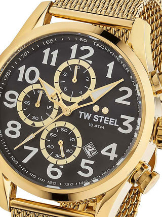 Front view of TW Steel Chronograph VS88 Black Dial Gold Stainless Steel Unisex Watch on white background