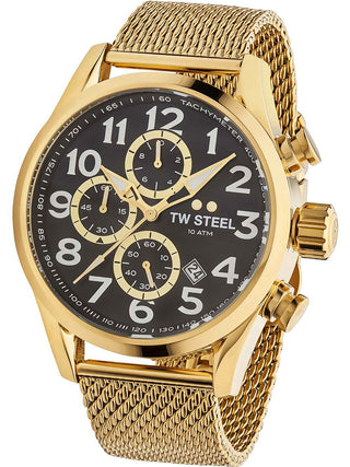 Angle shot of TW Steel Chronograph VS88 Black Dial Gold Stainless Steel Unisex Watch on white background