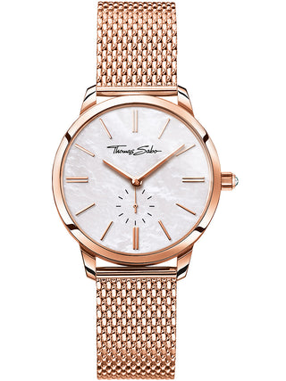 Front view of Thomas Sabo WA0303-265-213 Mother Of Pearl Dial Rose Gold Stainless Steel Womens Watch on white background