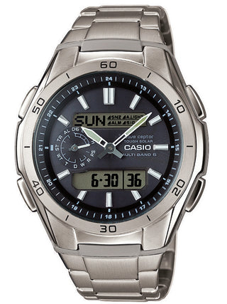 Angle shot of Casio Wave Ceptor Multi Band 6 Tough Solar WVA-M650TD-1AER Black Dial Silver Titanium Unisex Watch on white background