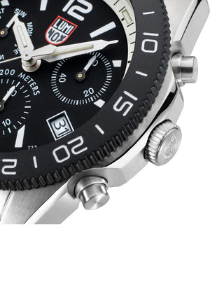 Angle shot of Luminox Chronograph XS.3141 Black Dial White Strap Unisex Watch on white background