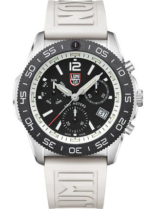 Front view of Luminox Chronograph XS.3141 Black Dial White Strap Unisex Watch on white background