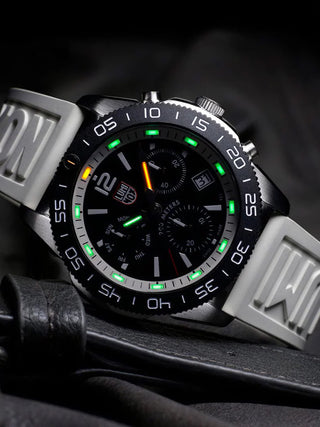 Angle shot of Luminox Chronograph XS.3141 Black Dial White Strap Unisex Watch on white background