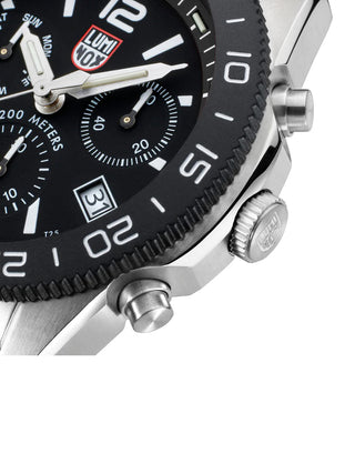 Angle shot of Luminox Chronograph XS.3142 Black Dial Silver Stainless Steel Unisex Watch on white background