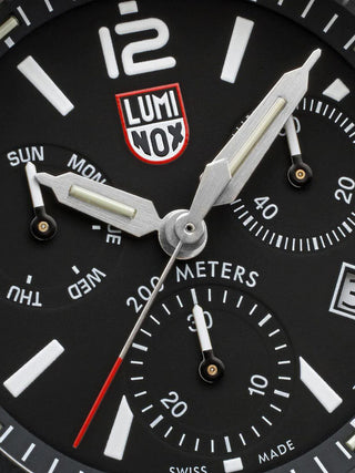 Angle shot of Luminox Chronograph XS.3142 Black Dial Silver Stainless Steel Unisex Watch on white background