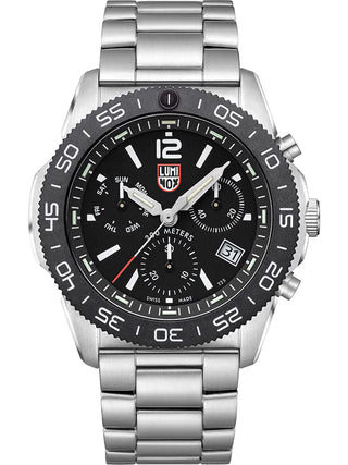 Front view of Luminox Chronograph XS.3142 Black Dial Silver Stainless Steel Unisex Watch on white background