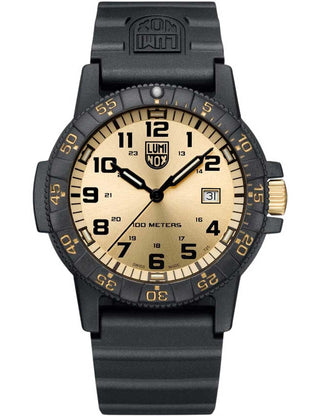 Front view of Luminox XS.0325.GP Gold Dial Black Silicone Unisex Watch on white background