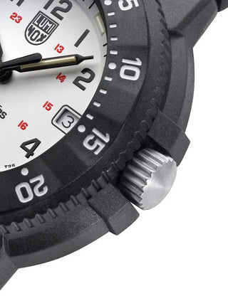 Angle shot of Luminox XS.3007.EVO.S White Dial Black Strap Unisex Watch on white background